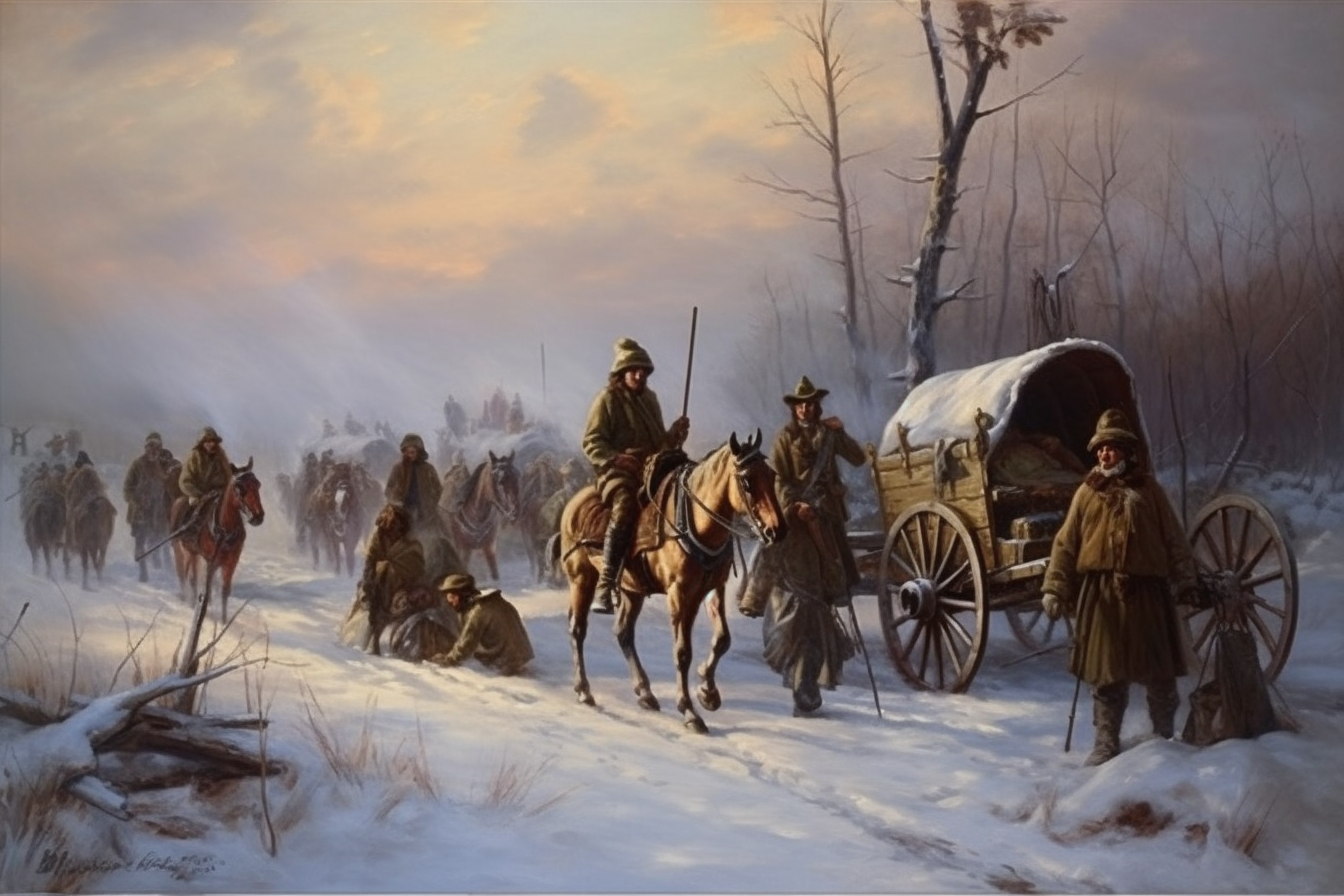 Artistic depiction of American Revolution refugees in winter