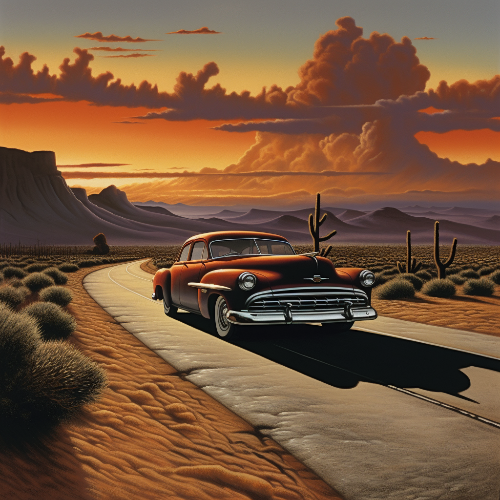 Classic car on an American road at sunset