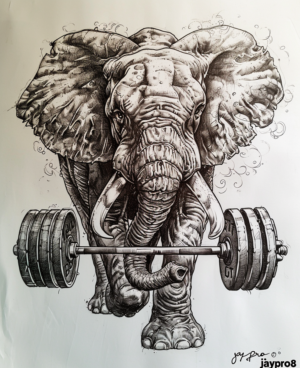 Vibrant American Style Heavy Metal Tattoo with Elephant and Dumbbells