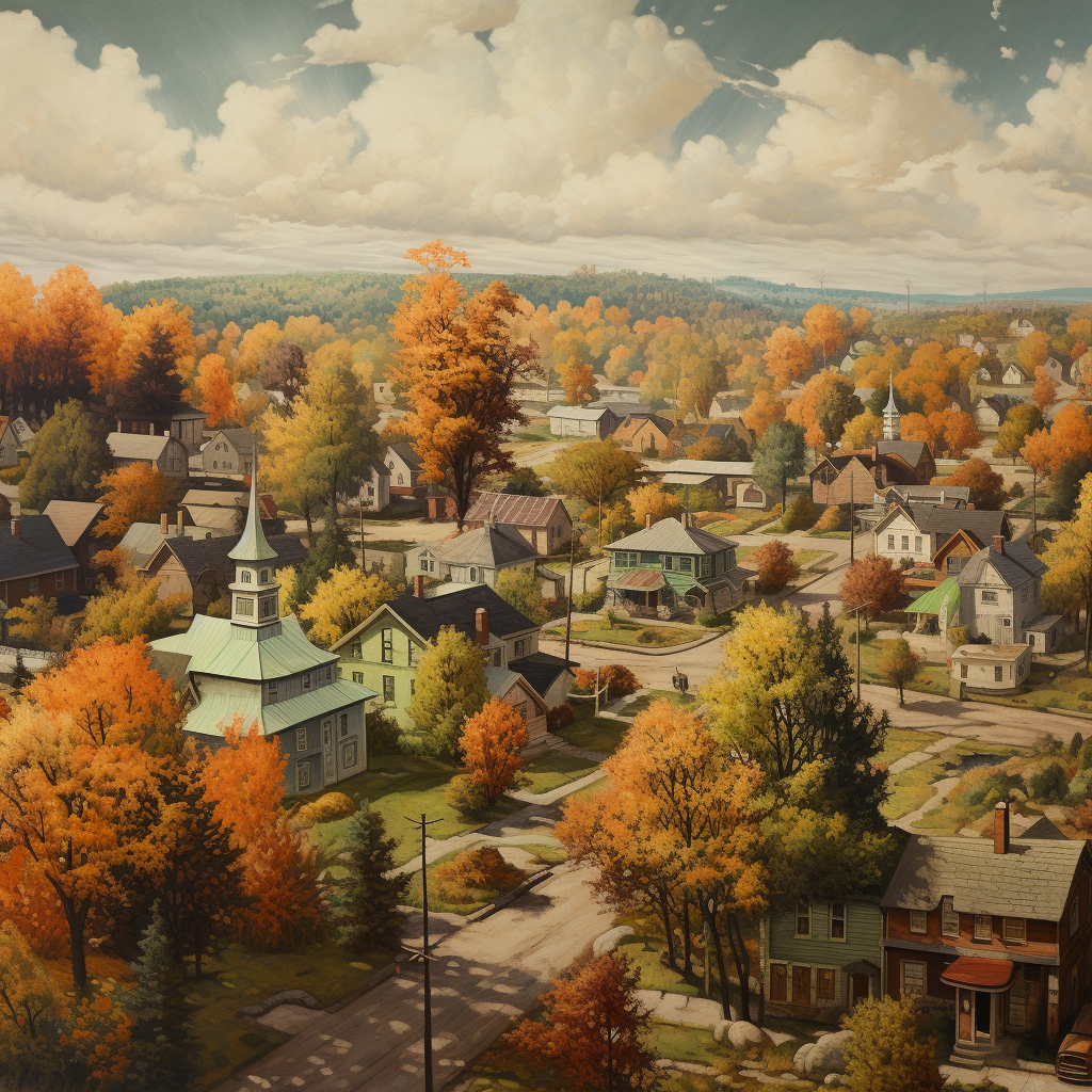 Stunning Vintage Aerial View of Small American Town in Autumn