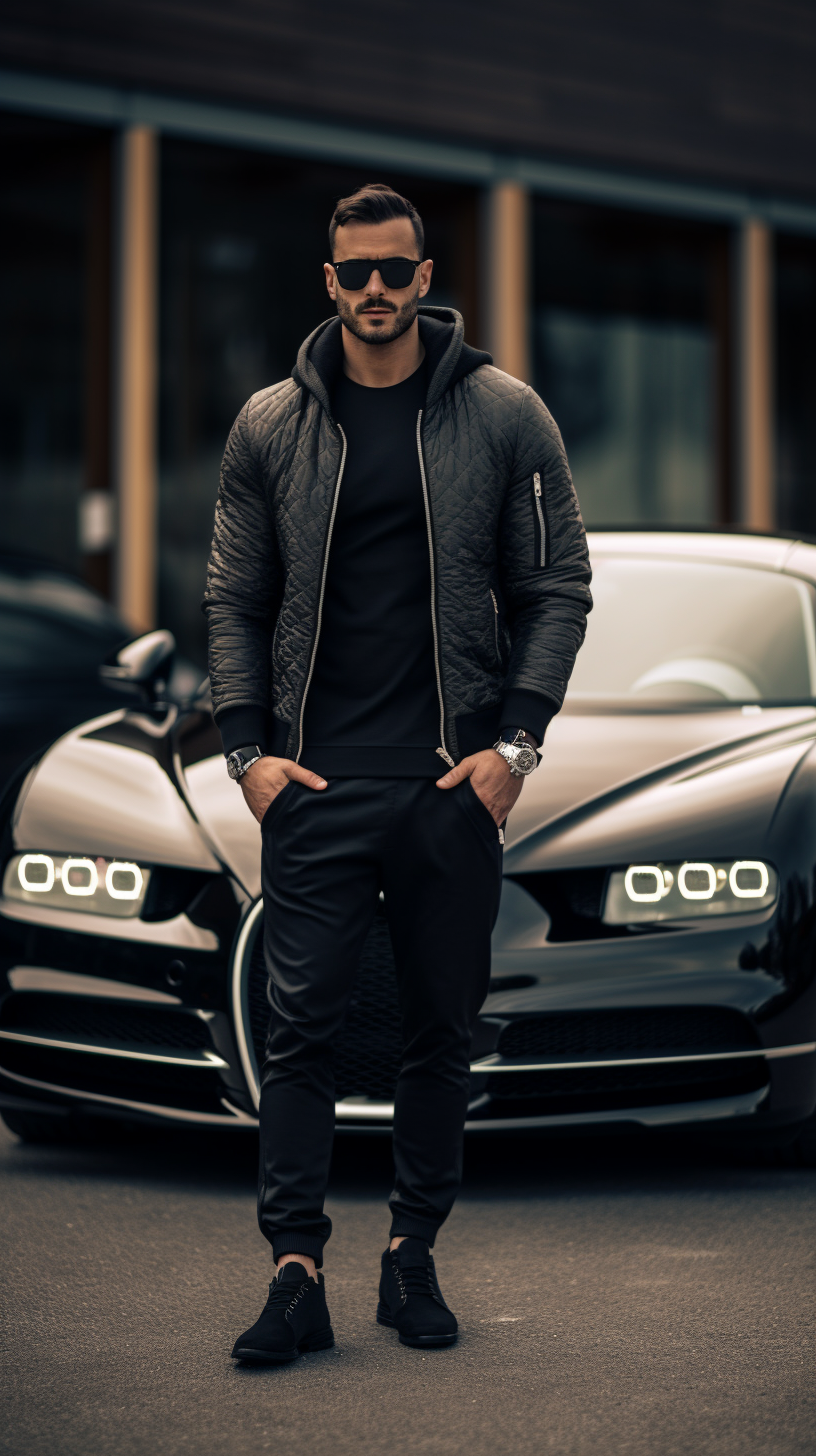 American man leaning on black Bugatti Chiron