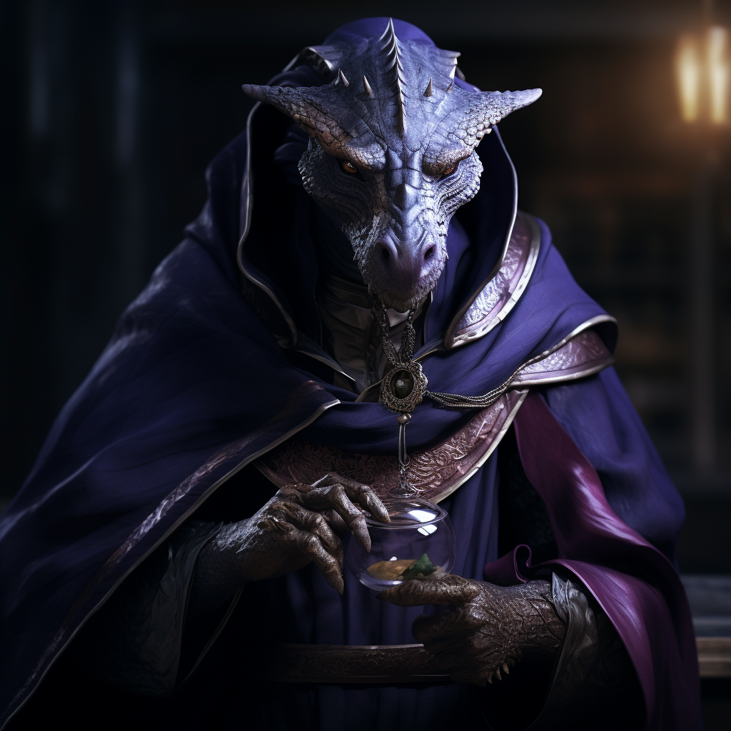 Hyper-Realistic Amethyst Dragonborn Warlock in Dark-Blue Robe