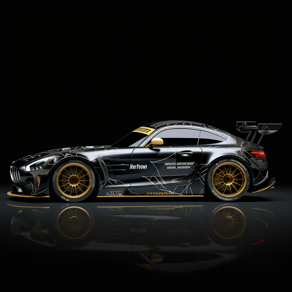 AMG GTS GT3 race car in top, side, and three quarter view