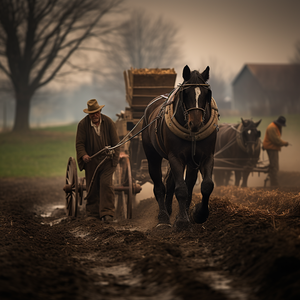 Amish farmers planting seeds in the field