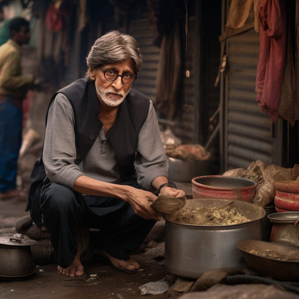 Sad Amitabh Bacchan selling pan on Indian street