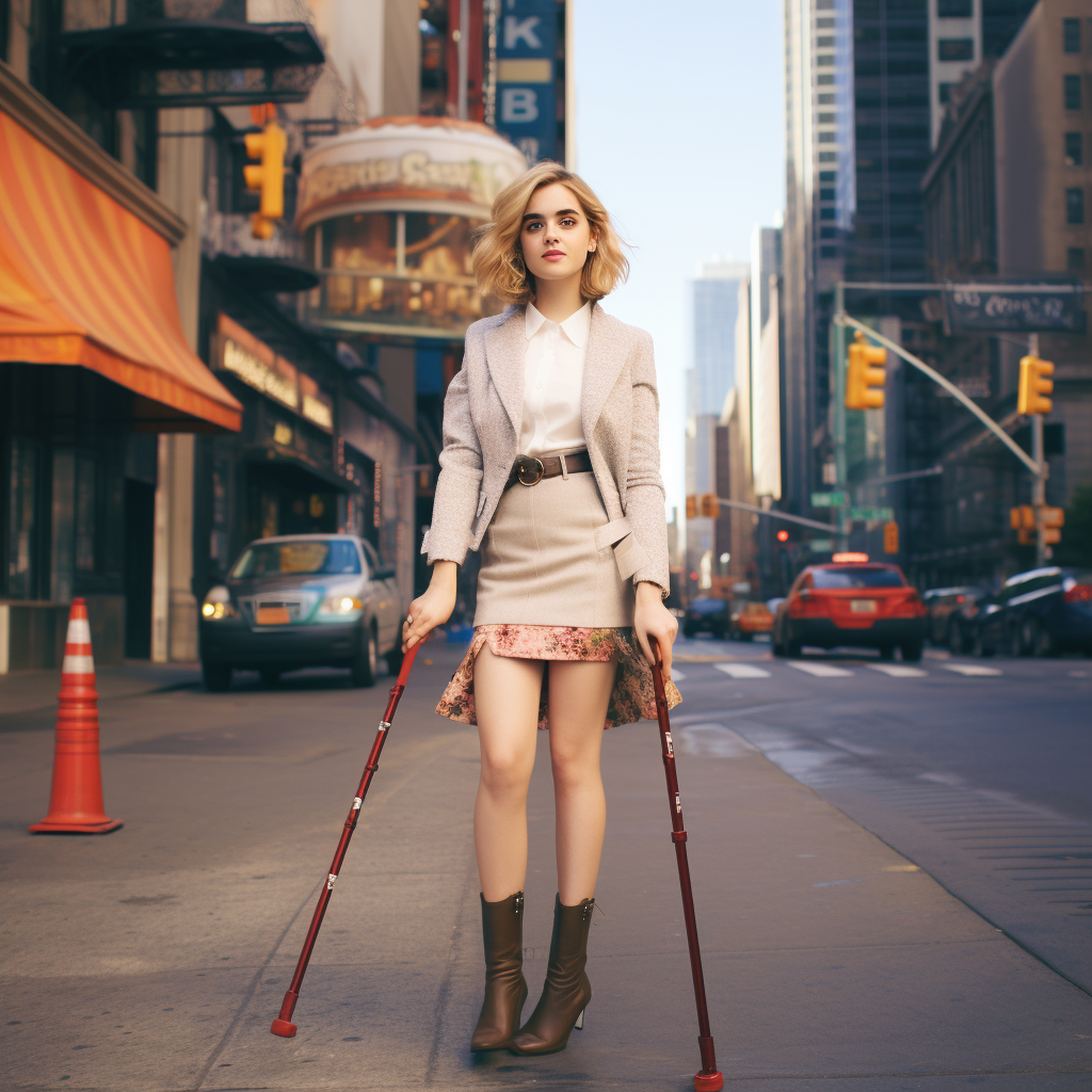 Amputee using crutches, crossing street in high heel