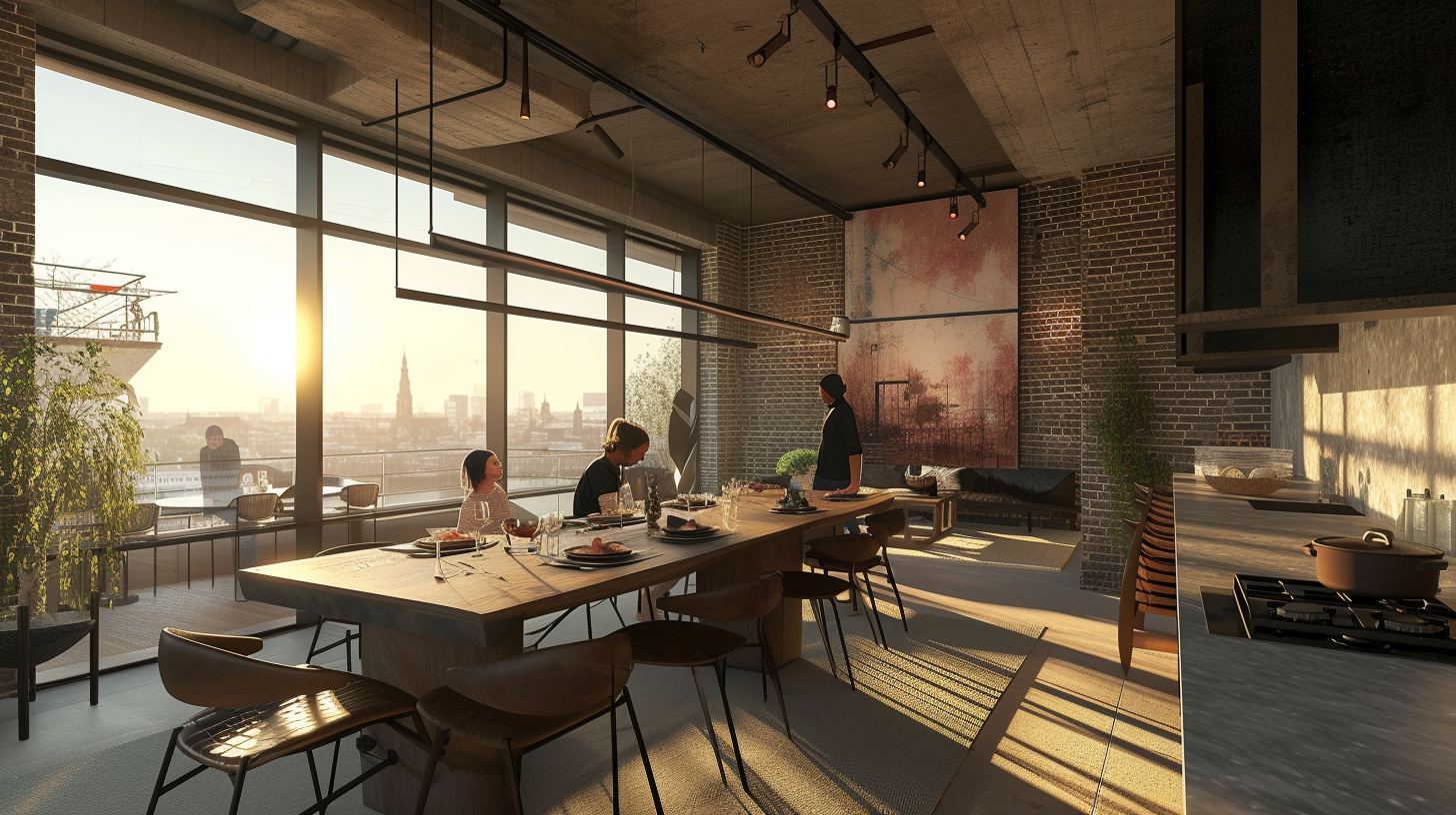 Amsterdam apartment dining room with brick wall