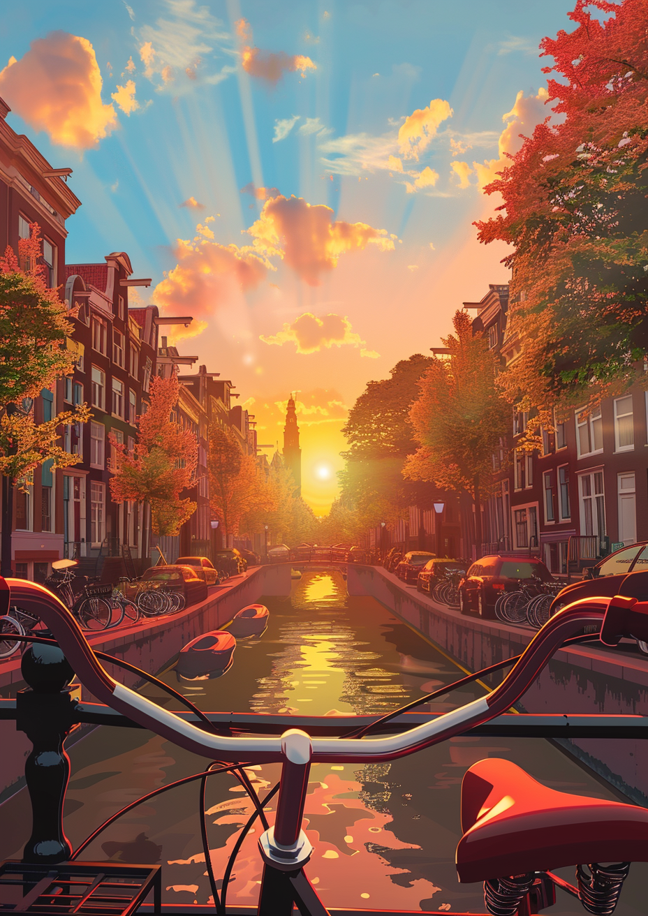 Amsterdam bikes sunset flat vector