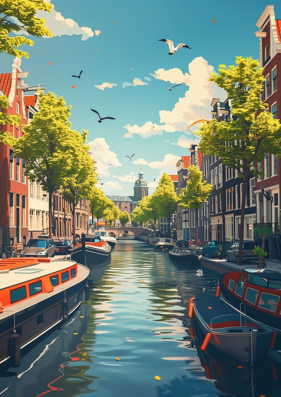 Amsterdam Canal Flat Illustration