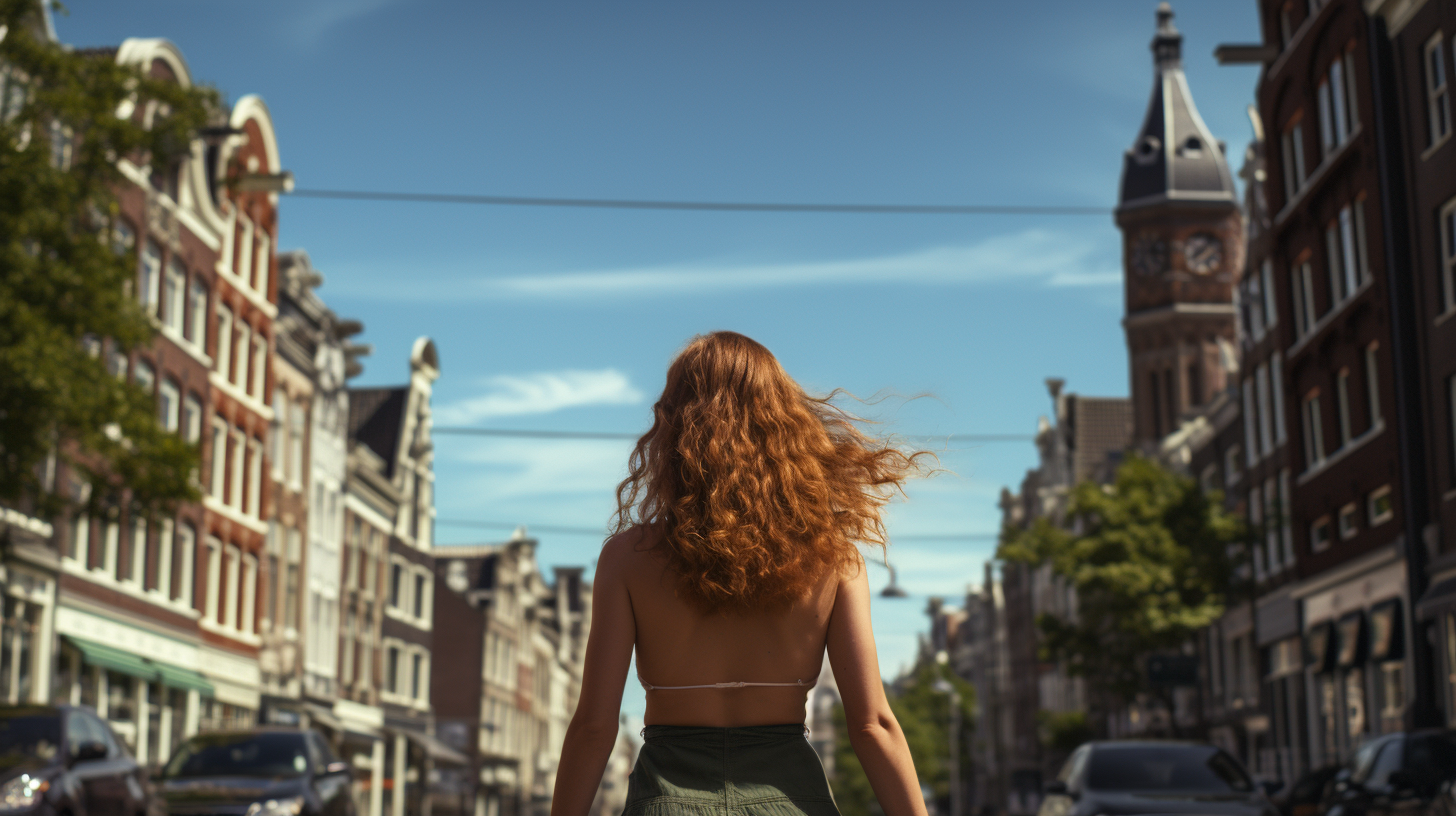 Woman avoiding road holes in Amsterdam