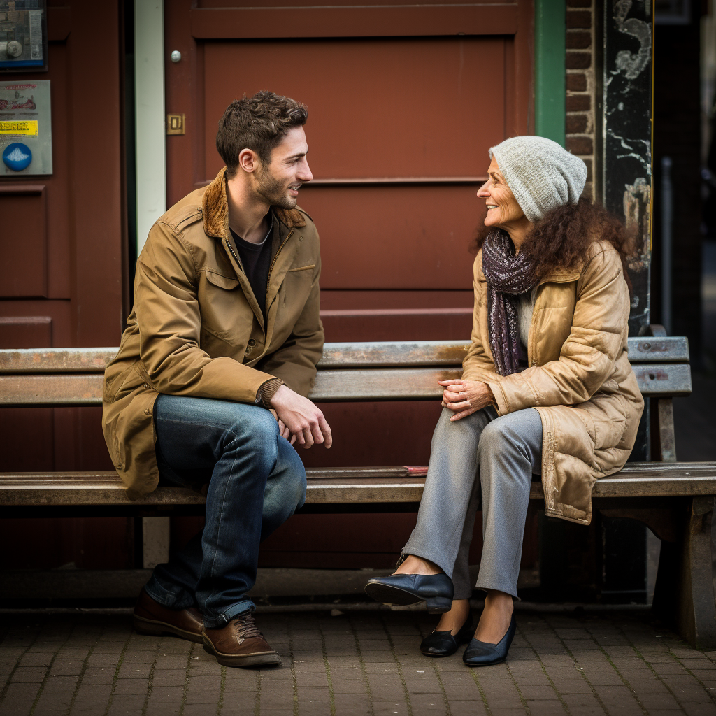 45-year-old woman interviews 30-year-old guy on wooden bench