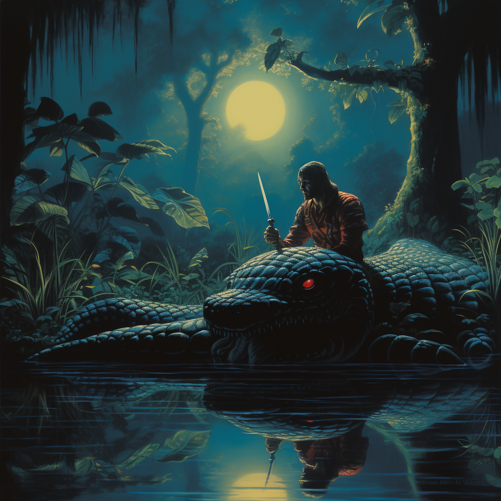 Dark Fantasy Image of Anaconda Warrior with Cheeseburgers