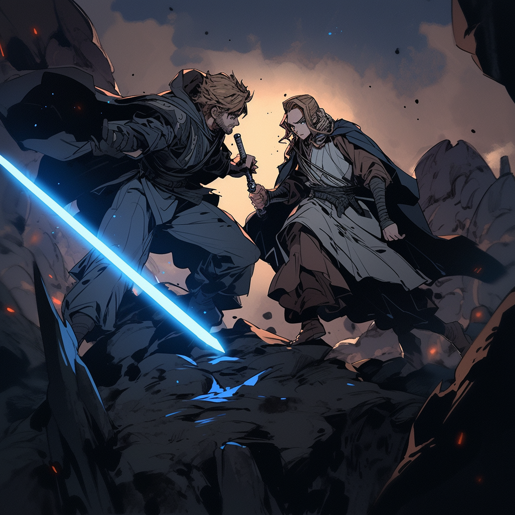 Intense lightsaber duel between Anakin and Obi-Wan