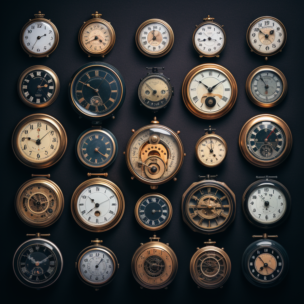 Multiple analog clocks displaying synchronized time