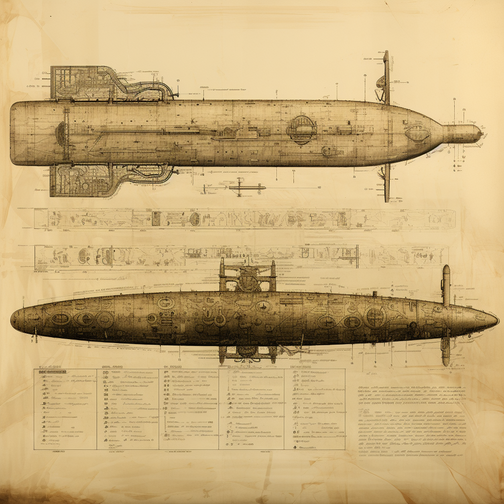 Imposing submarine underwater bombs analytic drawing