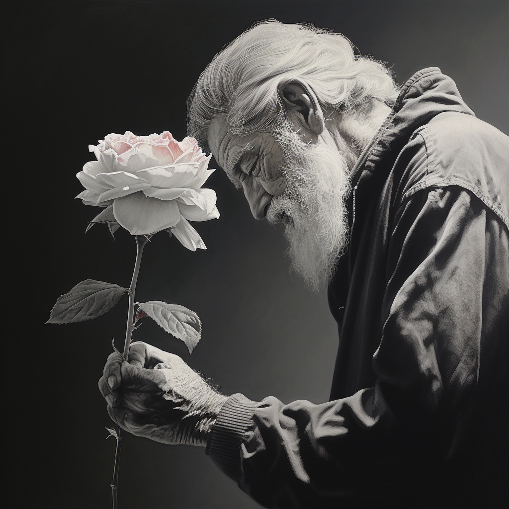 Elderly man holding a flower