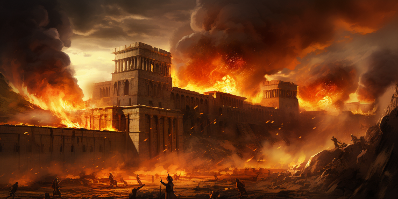 Destroyed ancient Akkadian palace in flames