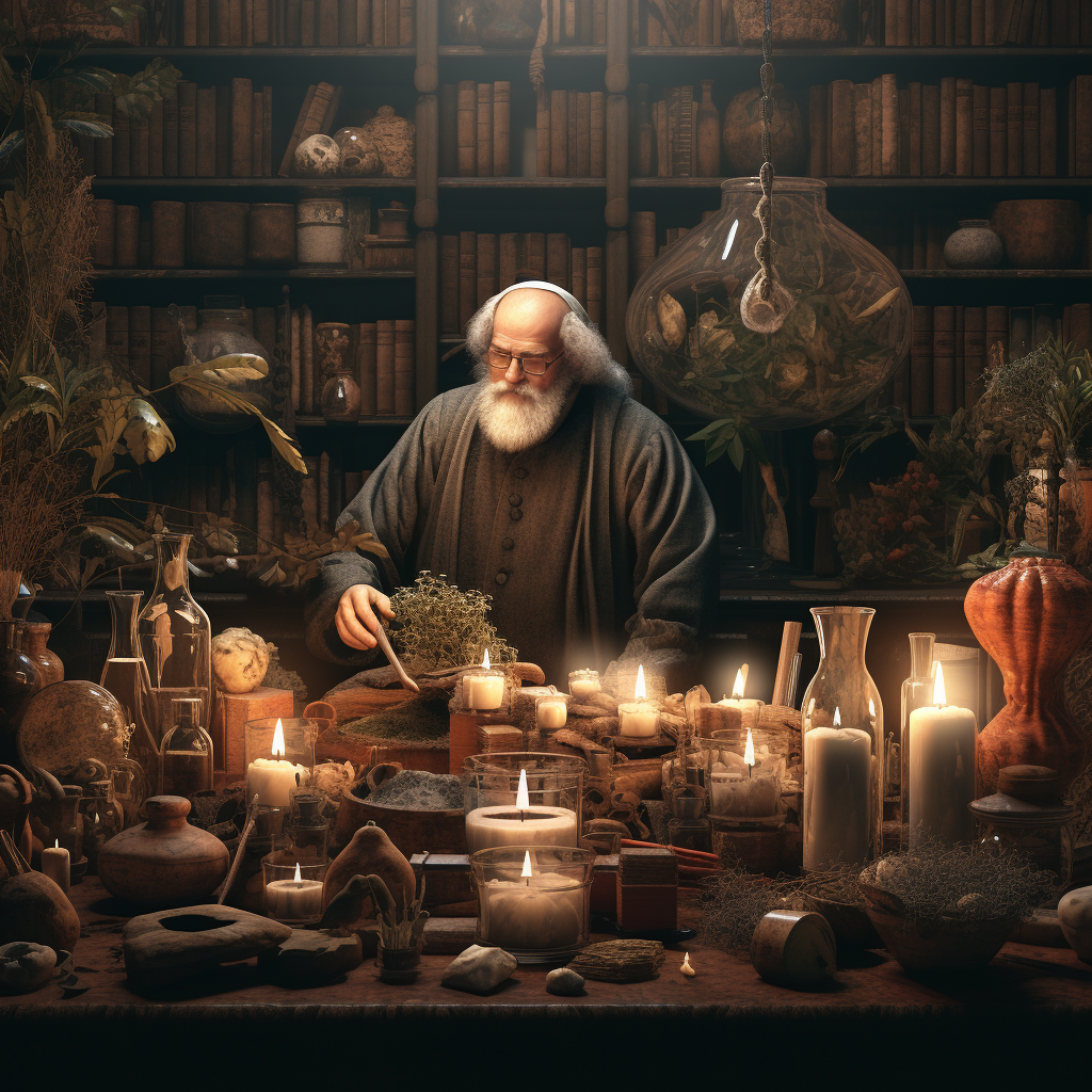 Vintage illustration of an ancient apothecary with herbs and dates