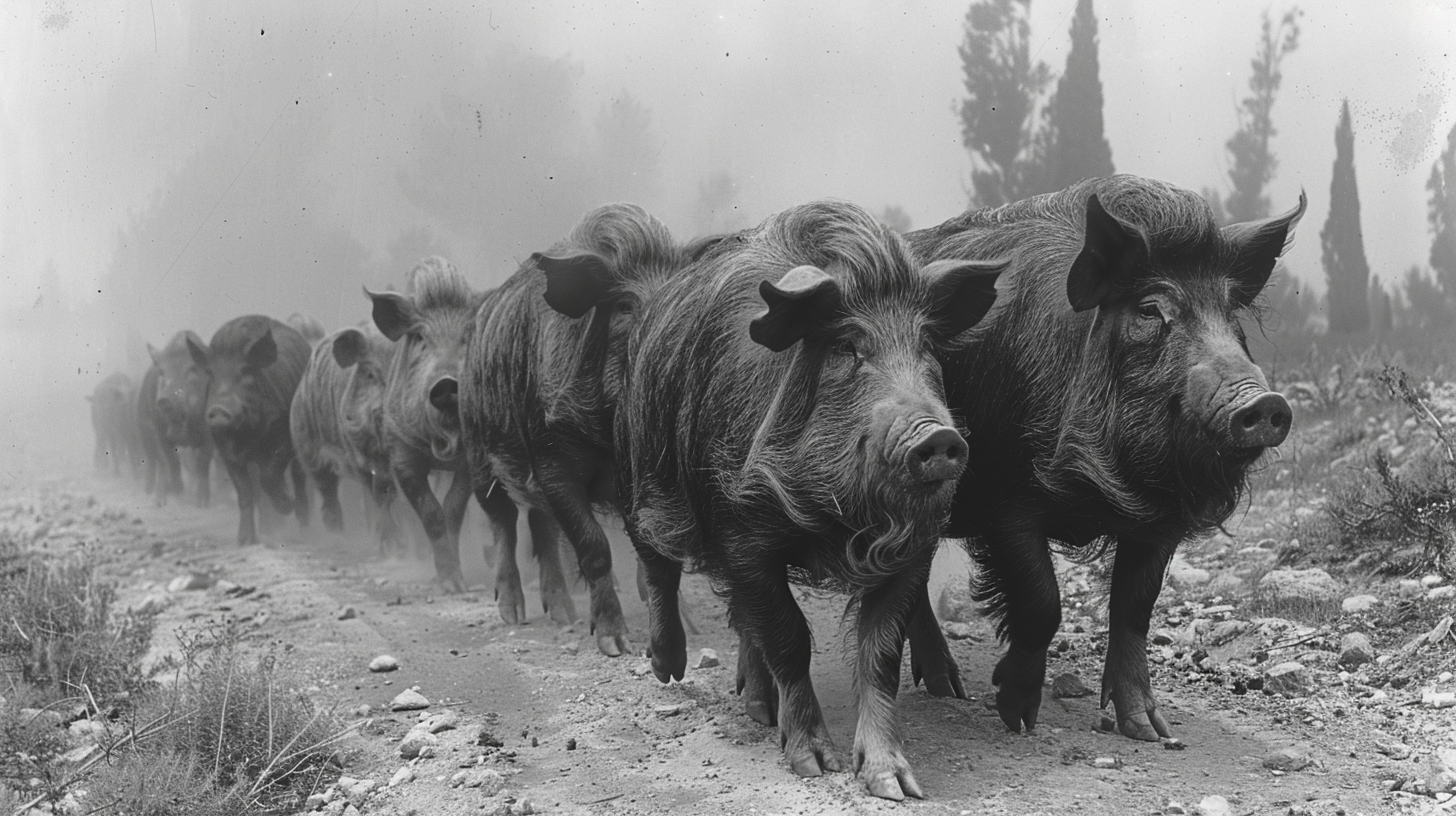 Scared Arab people tending pigs