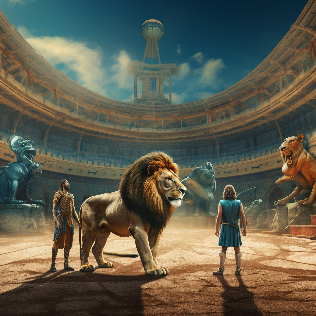 Ancient Arena with People and Lions