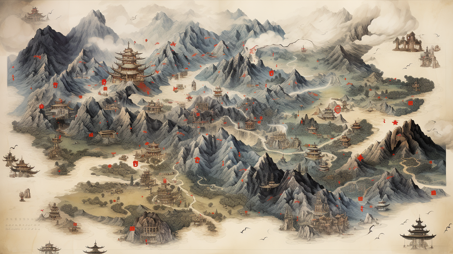 Ancient Asian hand-drawn map artwork