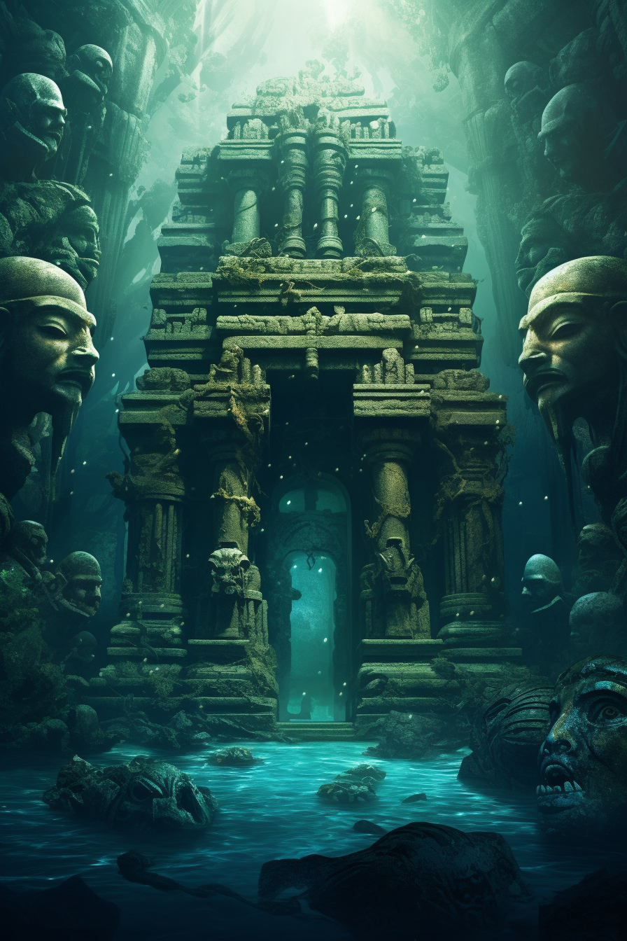 Nostalgic fantasy underwater temple with giant fishman