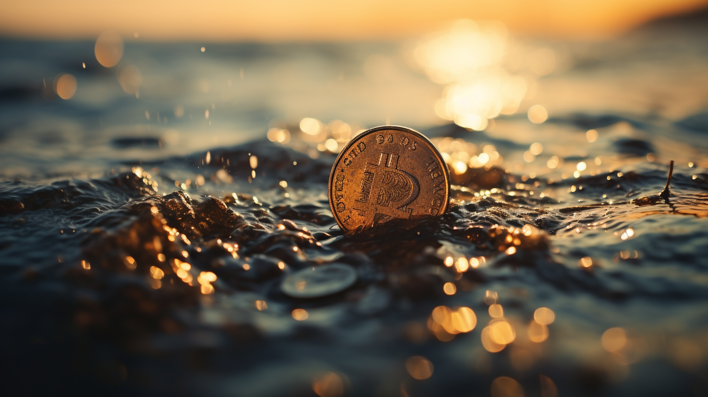 Beautiful worn biblical coin in blue water