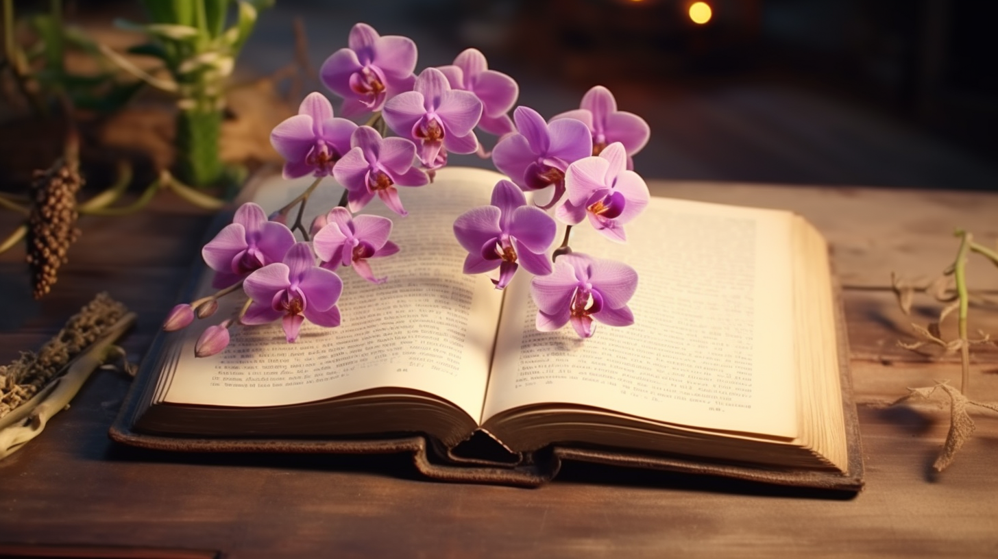 Ancient book describing orchids on wooden table