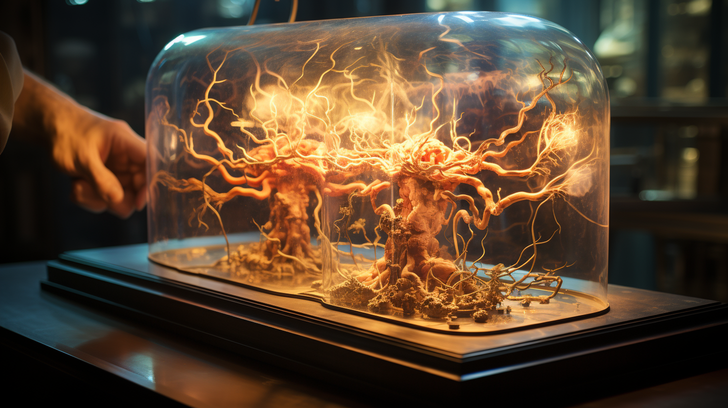 Image of ancient brain on a table with electric sparks