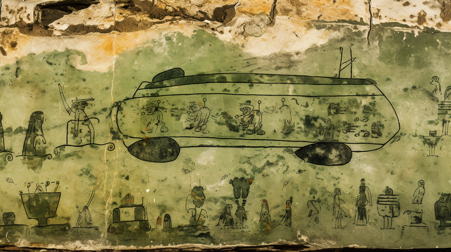 Ancient cave paintings featuring green war tanks