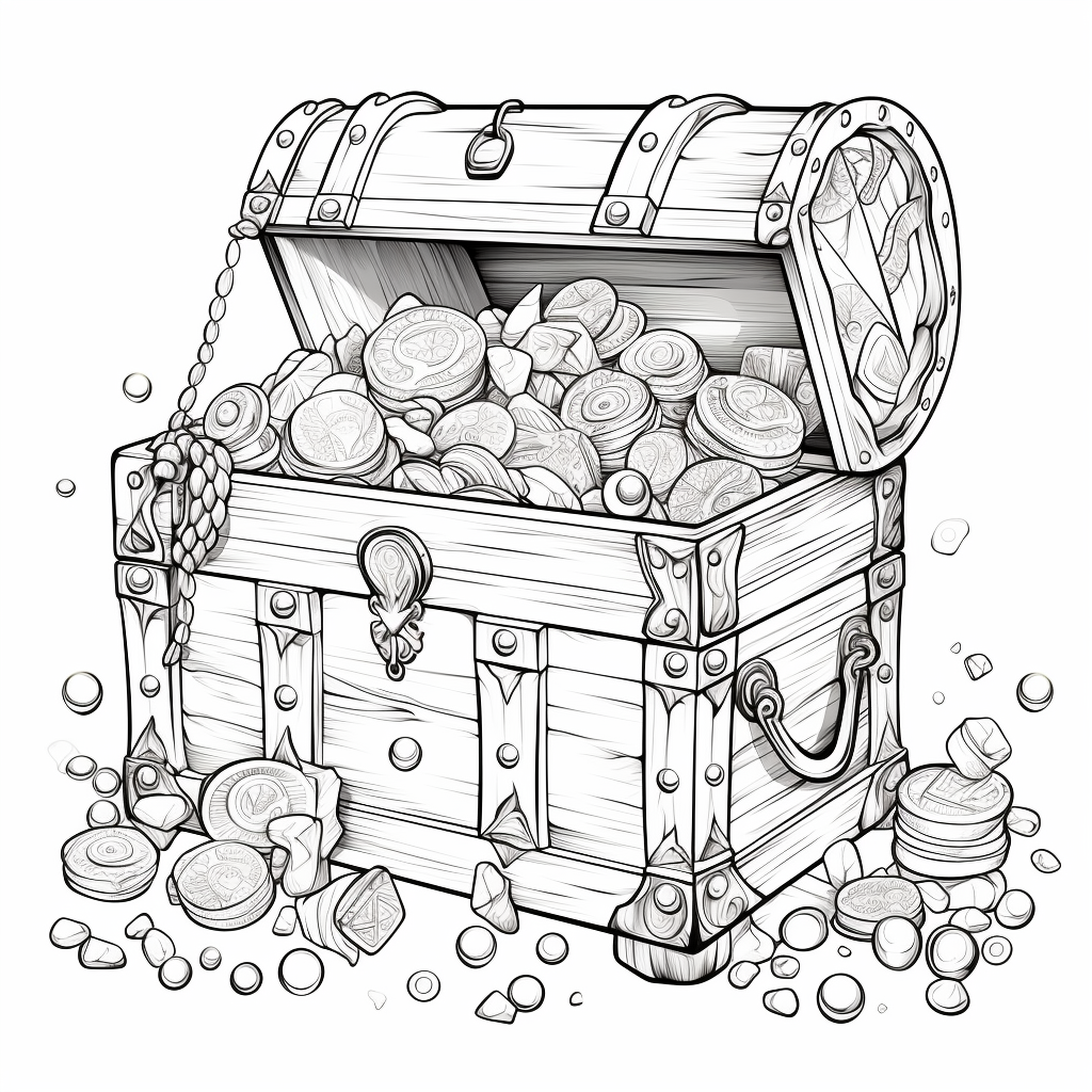 Cartoon image of ancient chest with coins, jewels, and gemstones