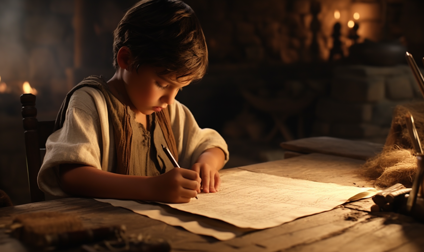 Ancient child copying alphabet on parchment