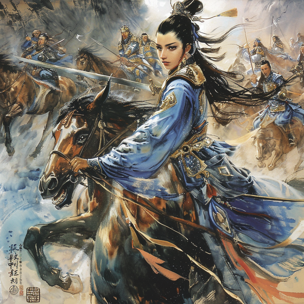 Chinese warrior on horse with sword