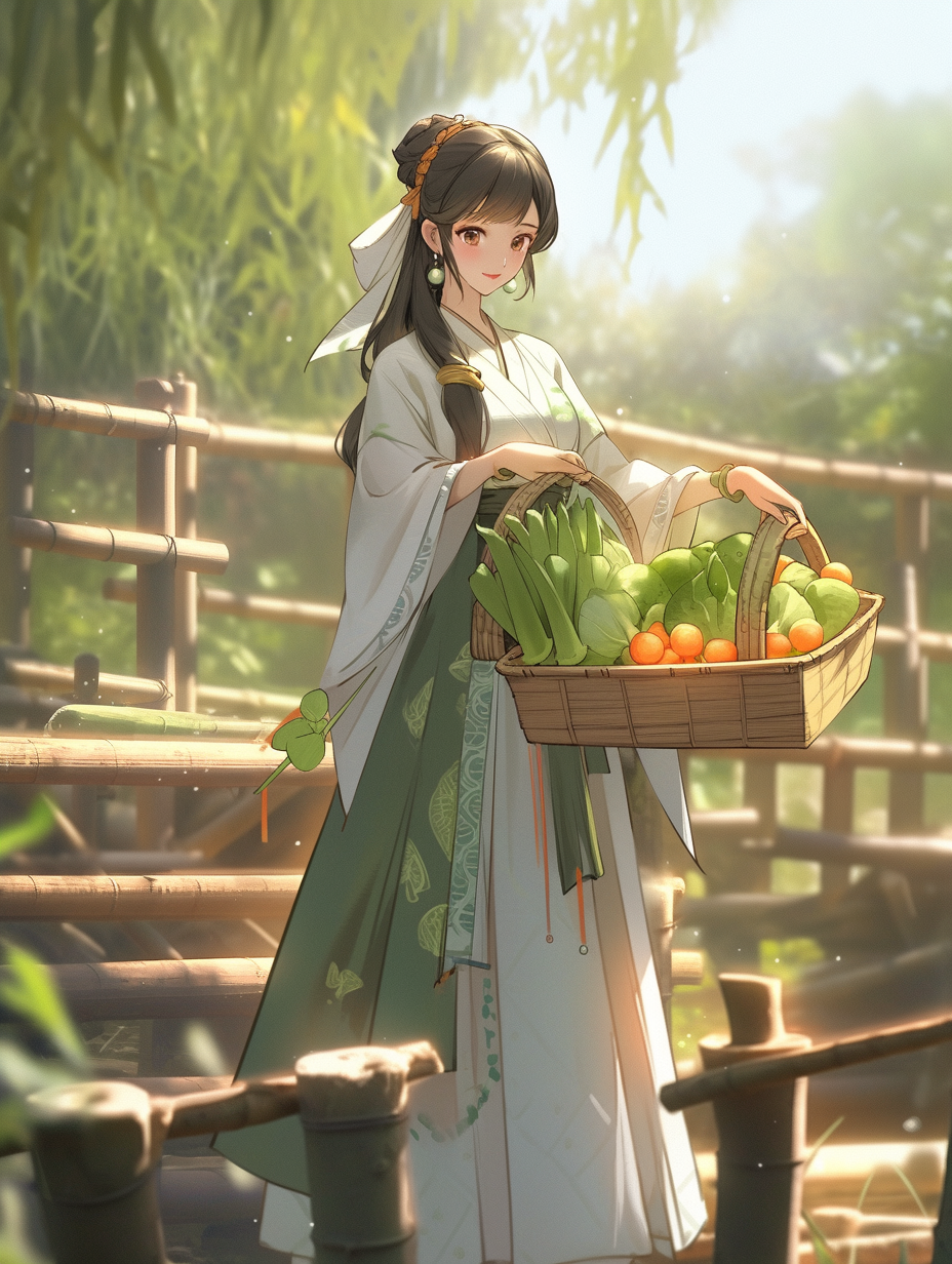 Ancient Chinese lady with wooden basket on veggie farm