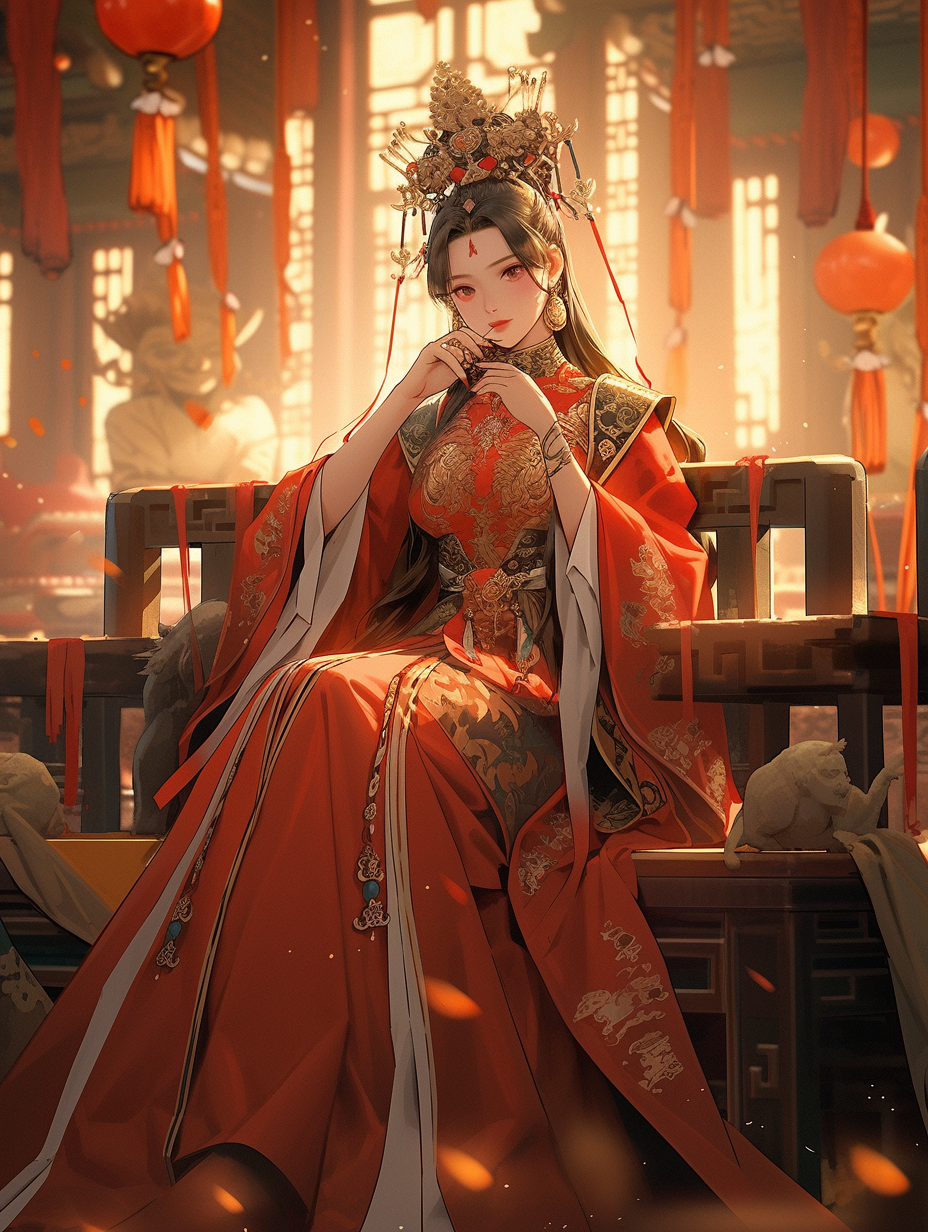 Elegant and Furious Ancient Chinese Queen on Throne