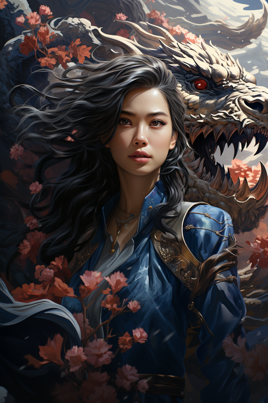 Ancient Chinese girl fighting a black dragon artwork