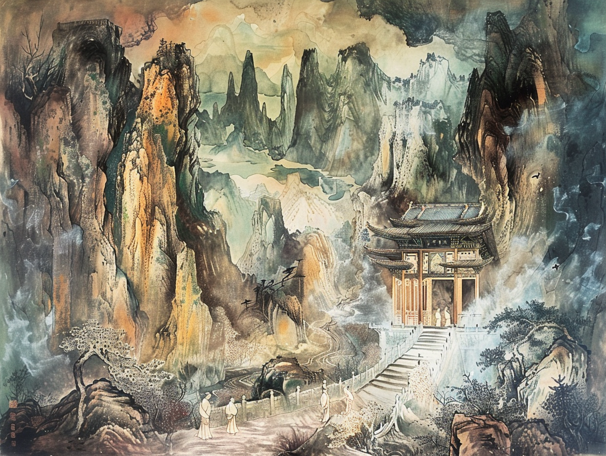 Chinese landscape painting with pedestrians and monks