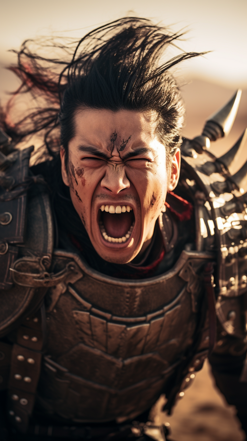 Ancient Chinese male warrior screaming in rage