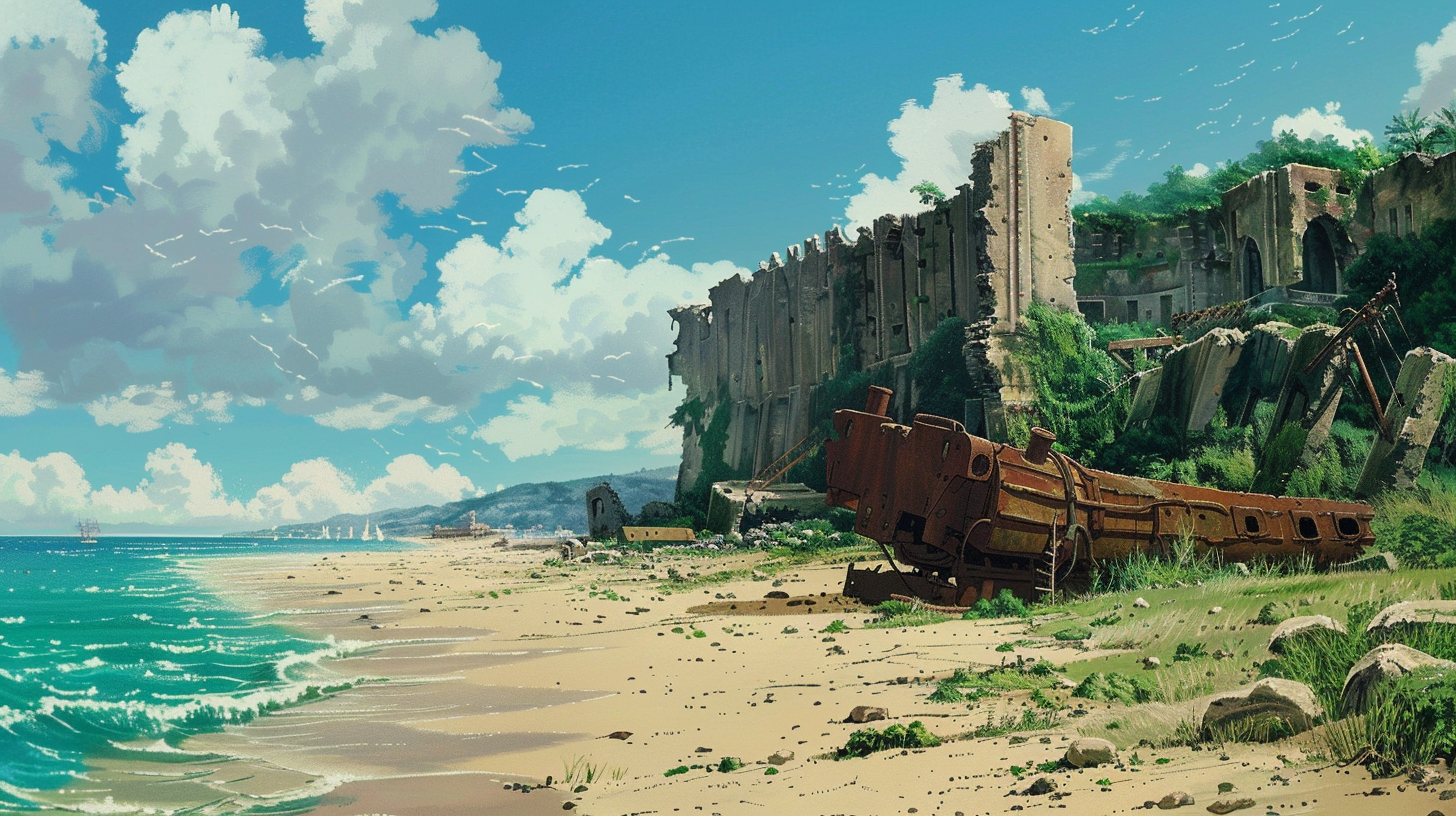 Rusted coastline ruins ancient civilization