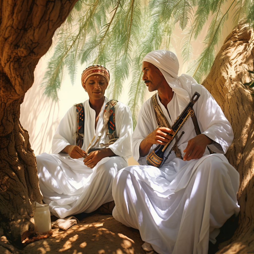 Two men resting under a tree in ancient Egypt