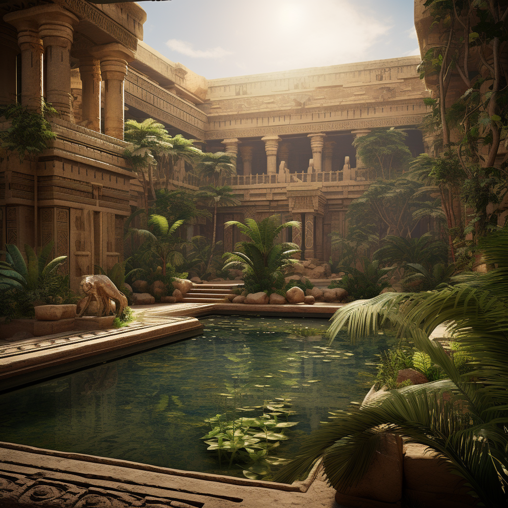 Stunning realistic photo of an ancient Egyptian palace garden