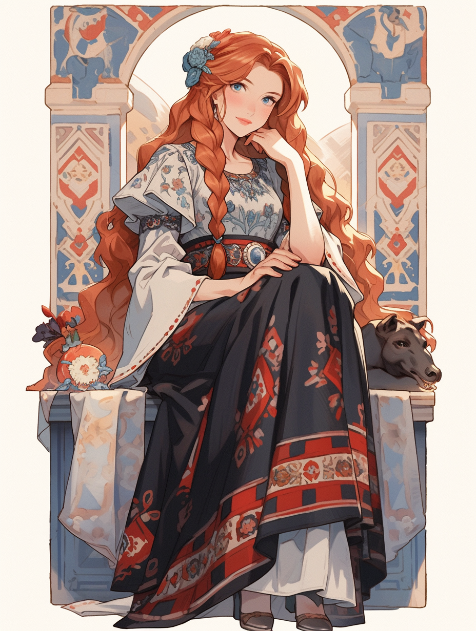 Red-haired girl in ancient European court dress