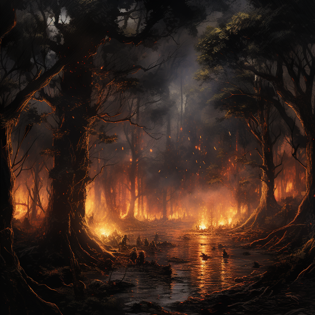 Ancient Forest Burning with Tall Flames