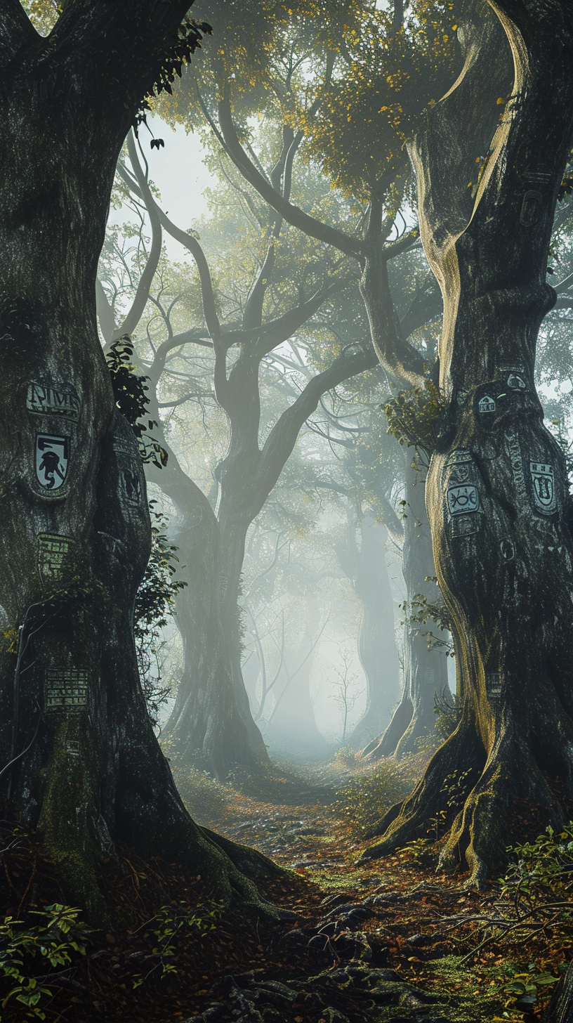 Engraved trees in ancient forest