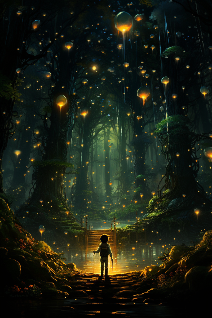 Beautiful forest with glowing fireflies