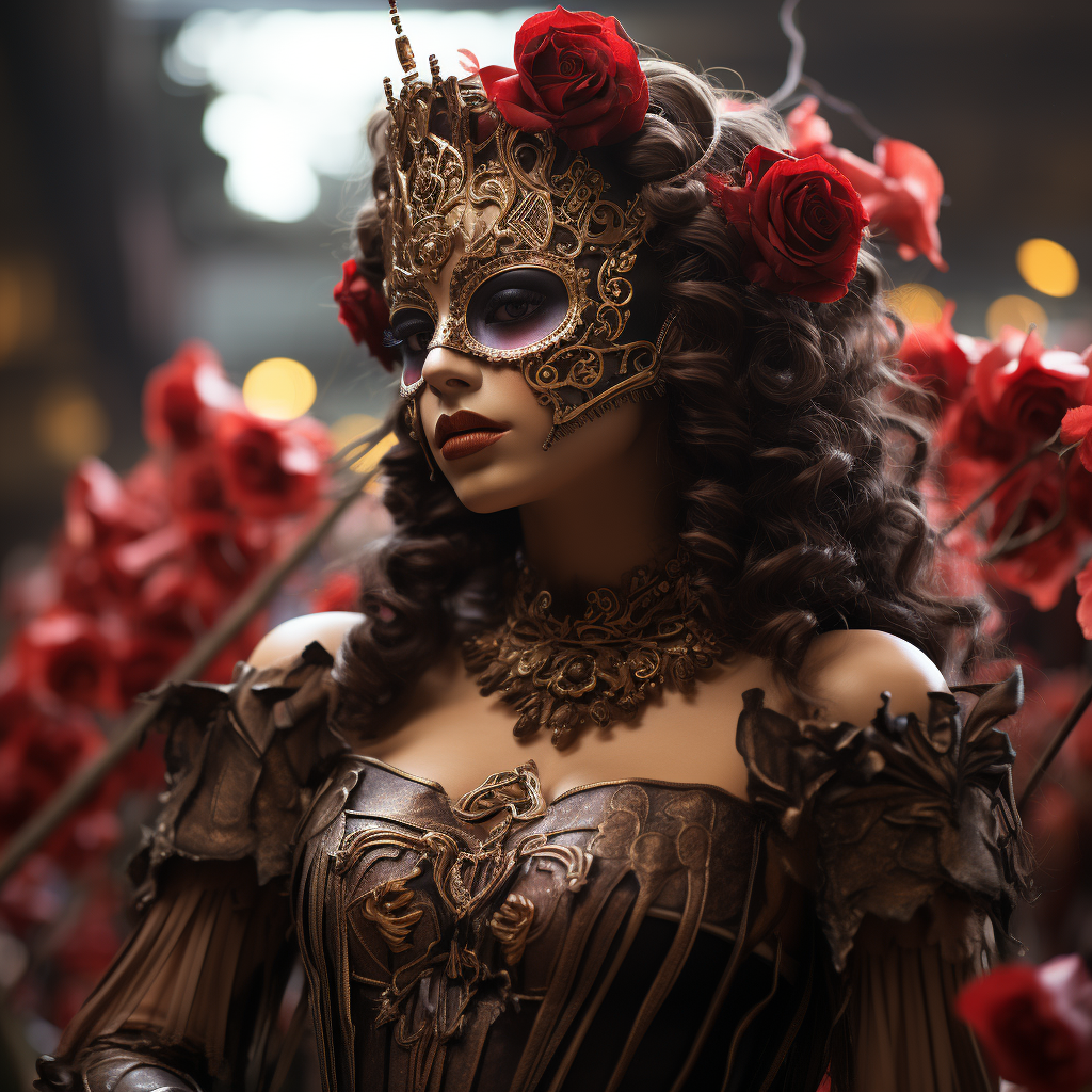 Ancient goddess in masquerade mask with roses