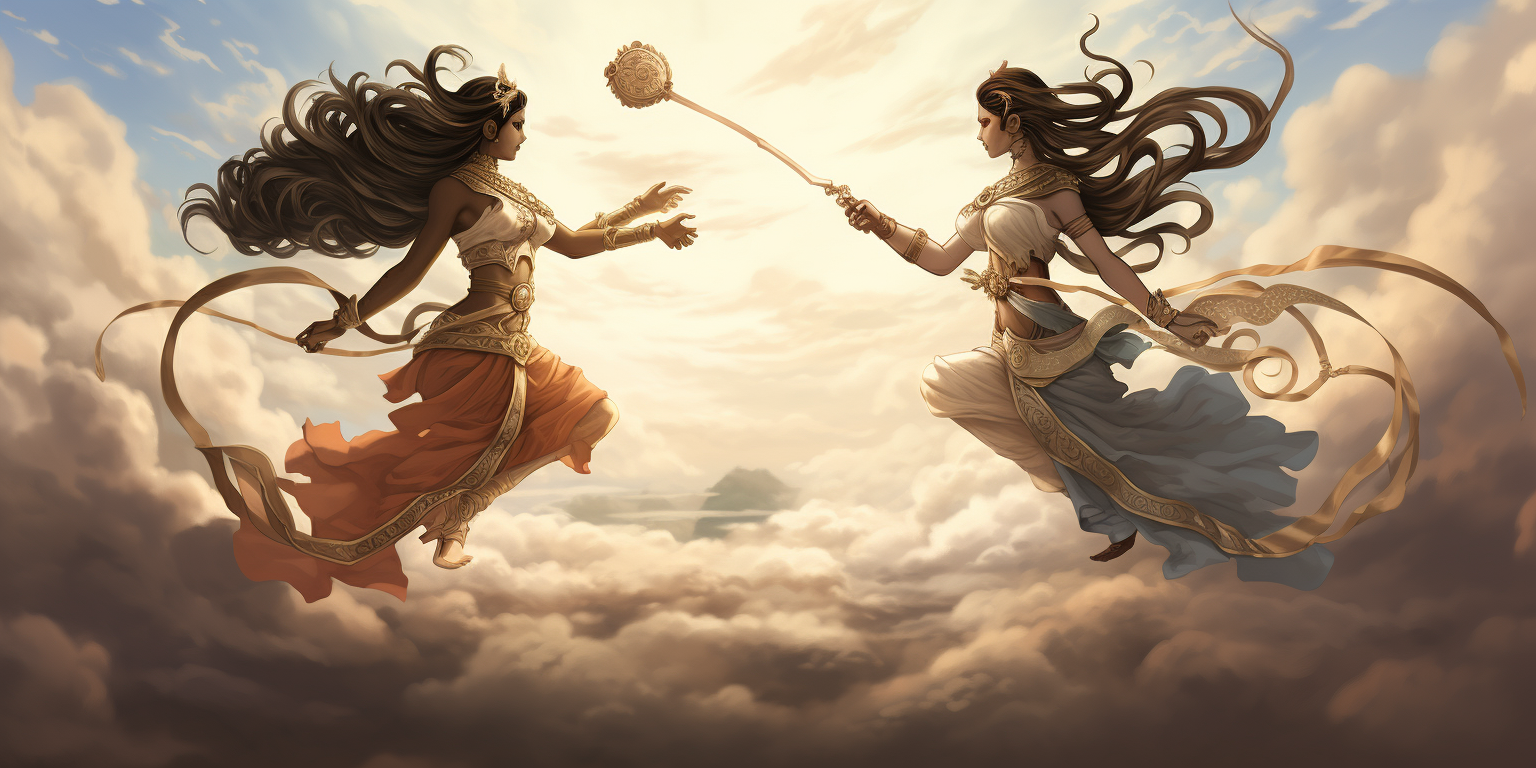 Two ancient goddesses in a sky battle