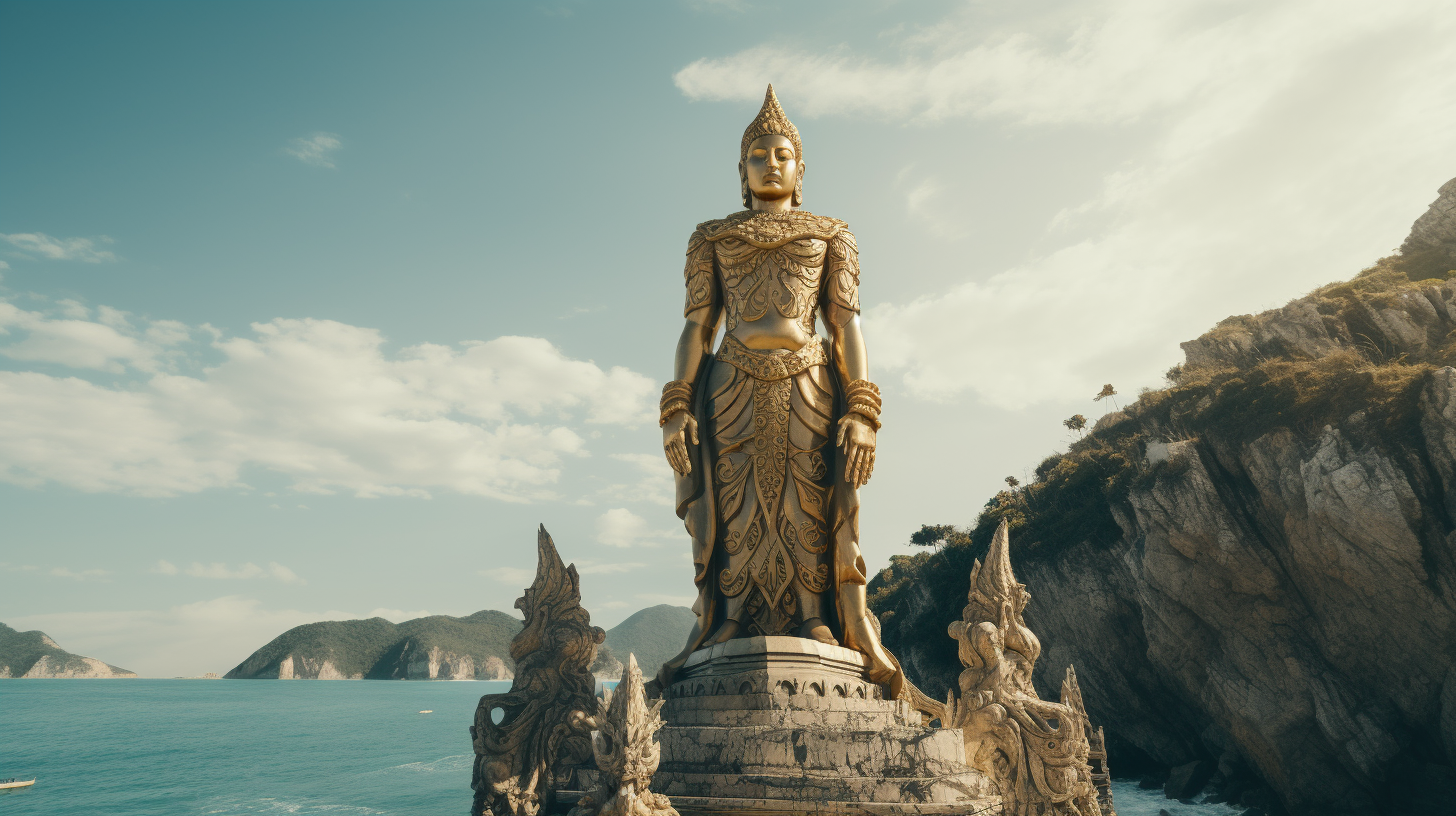 Ancient golden statue on top of temple beach