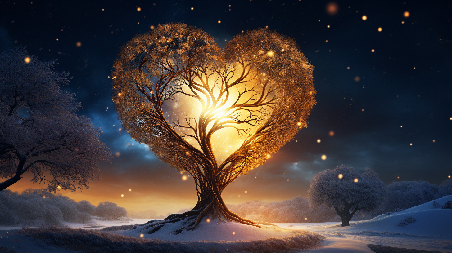 Golden tree in snow heart-shaped image