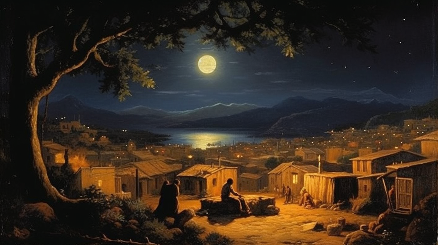 Ancient Greece life under moonlight